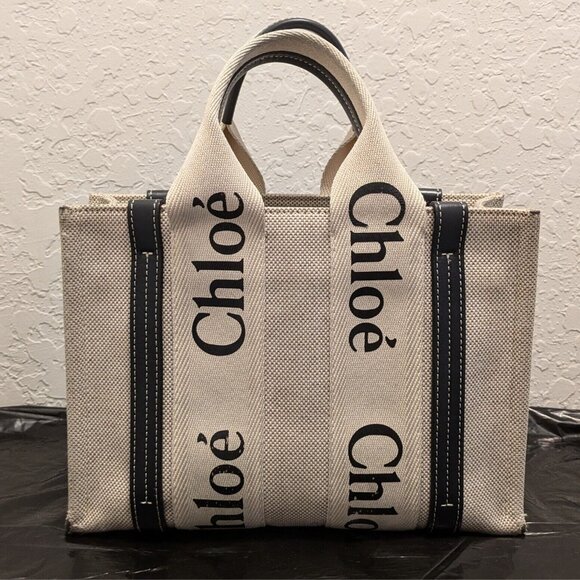 Chloe Chloe Woody Tote Bag Cotton Canvas Leather Canvas Tote Bag - Picture 1 of 6